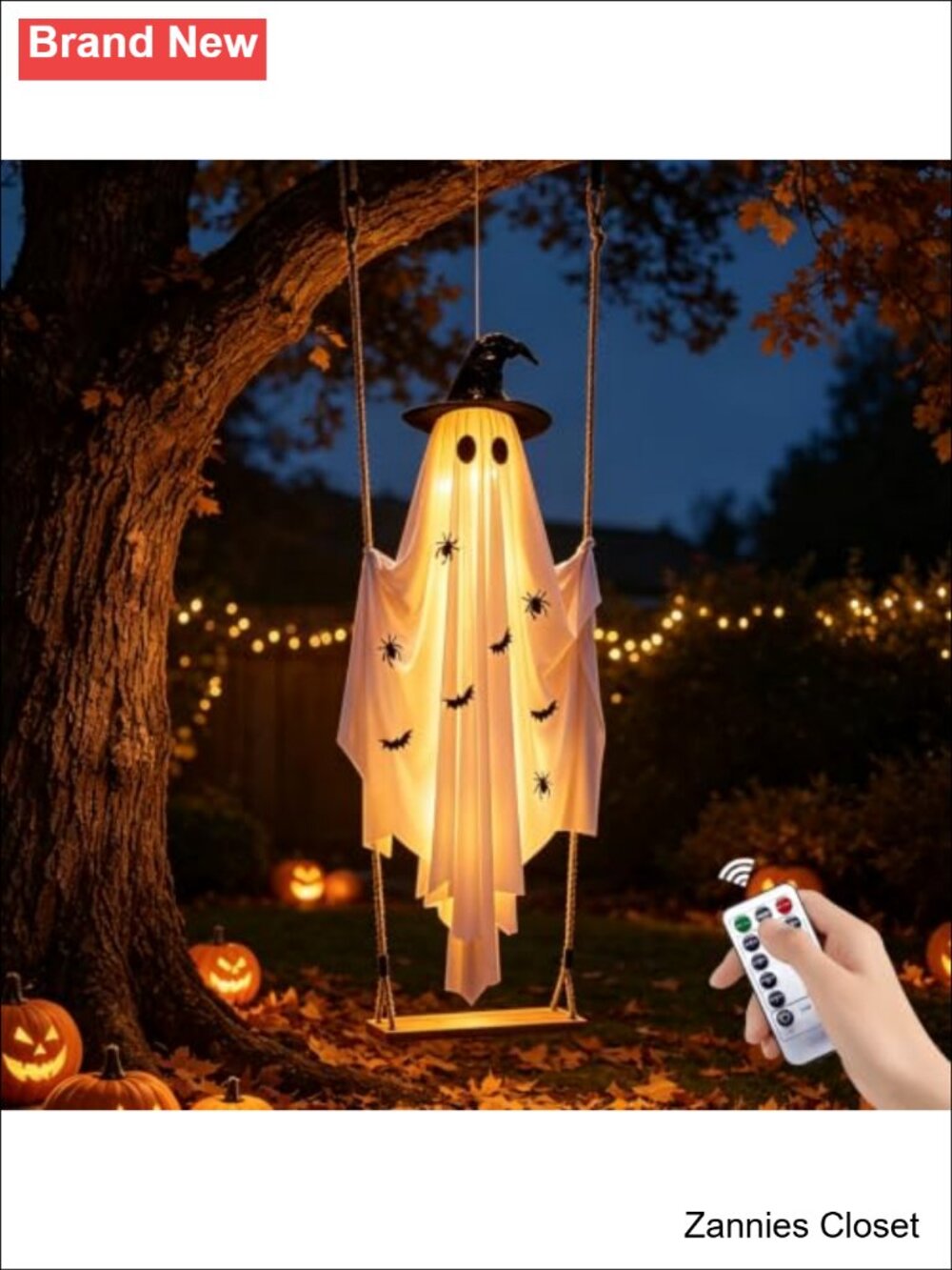 👻 5FT Lighted Swing Ghost Halloween Decoration with Real Wooden Swing & 30 LED